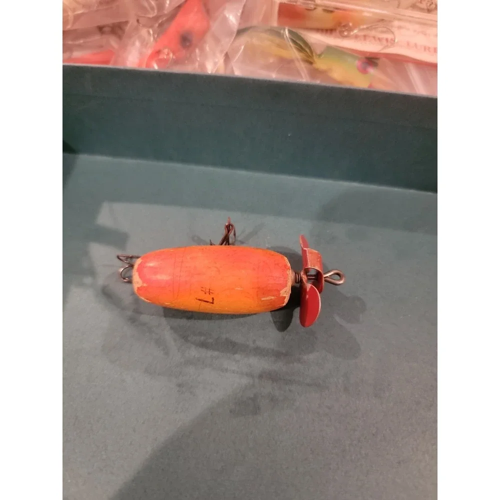 Vintage Wooden Propeller Fishing Lure Unmarked 2 Hook Orange Red Topwater...